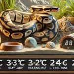 Königspython in einem gut temperierten Terrarium mit Wärmelampe, Heizmatte und digitalem Thermometer, das optimale Temperaturen von 30-32°C in der warmen Zone und 24-26°C in der kühlen Zone anzeigt.